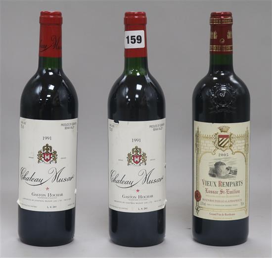 Two bottles of 1991 Chateau Musar one bottle of Vieux Remparts 2005